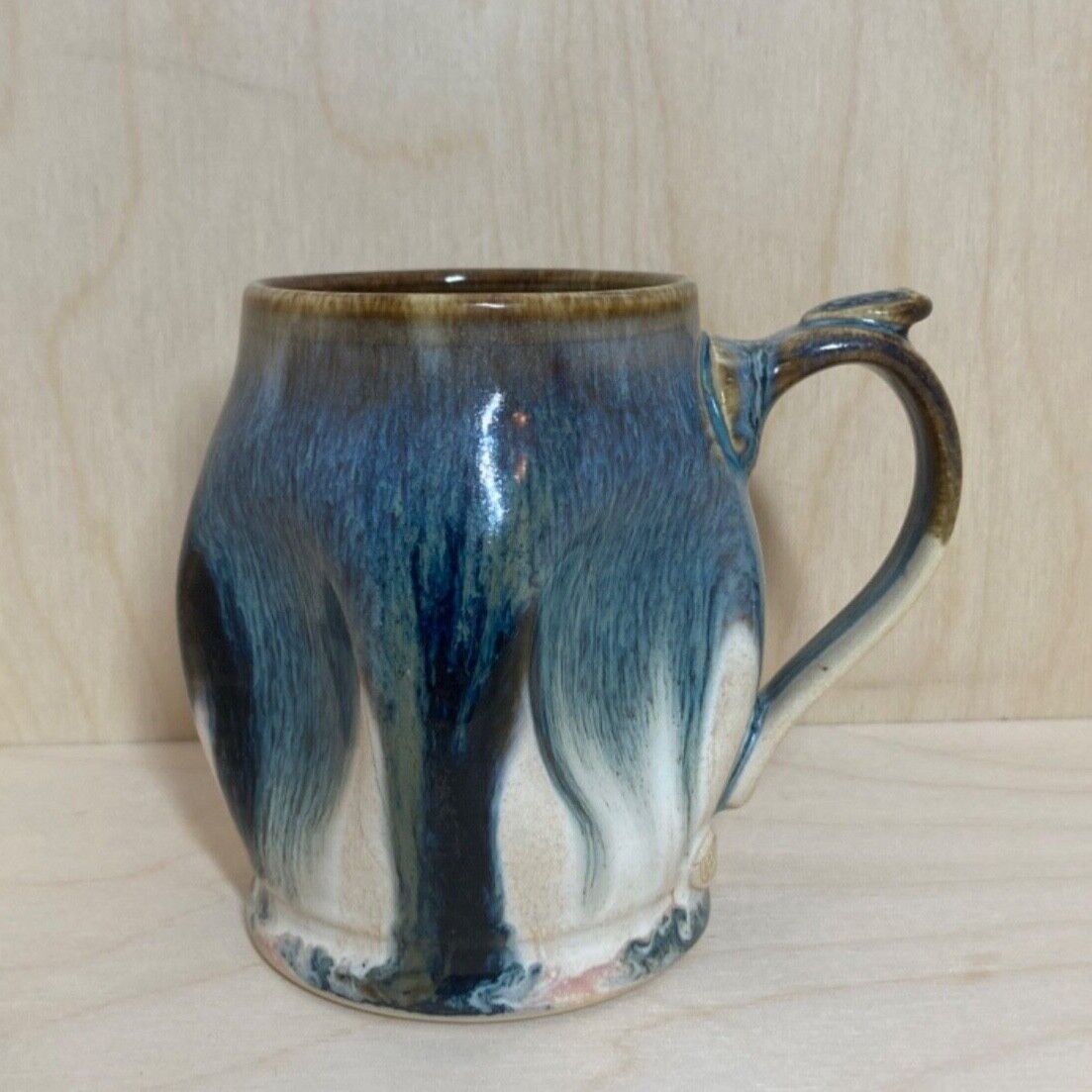 Studio Art Pottery Gillian Bliss Blue Brown & White Dimpled Mug with Thumb Rest