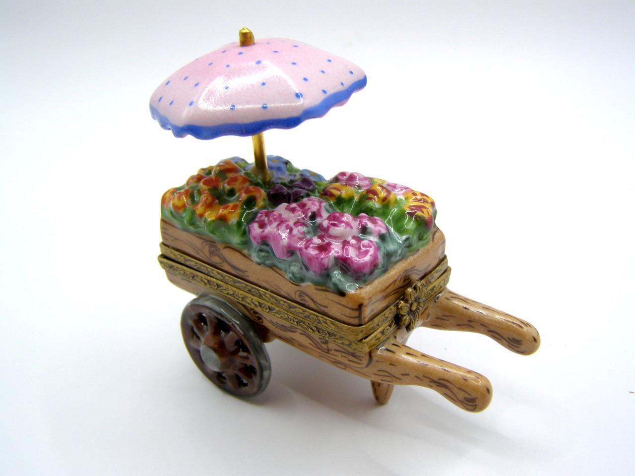 Limoges France Peint Main Trinket Box Rochard Faux Wood Flower Cart w Umbrella