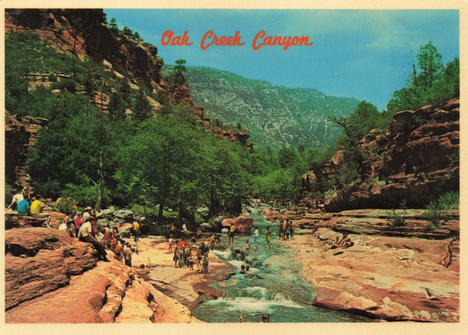Postcard AZ Oak Creek Canyon Slide Rock Recreation Area People Swimming Wading
