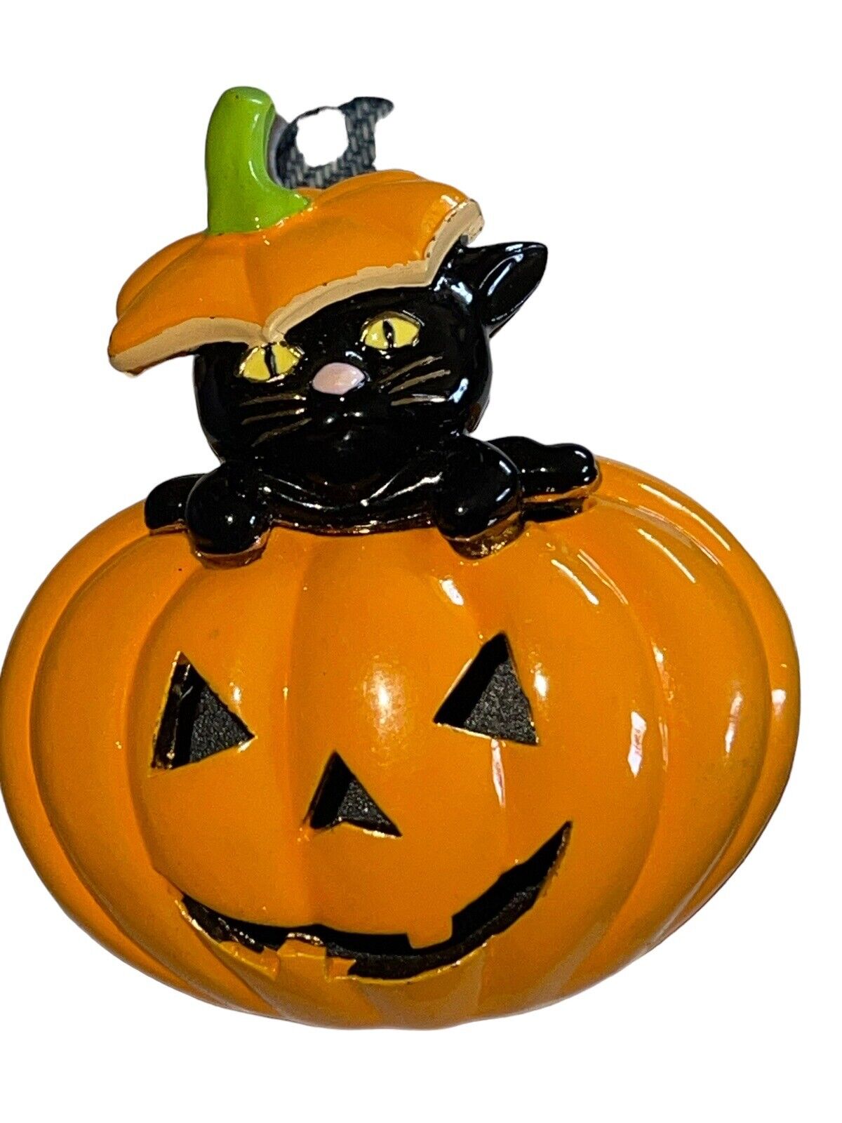 Black Cat inside a Pumpkin Pin Brooch with Black Background Halloween Marked FL