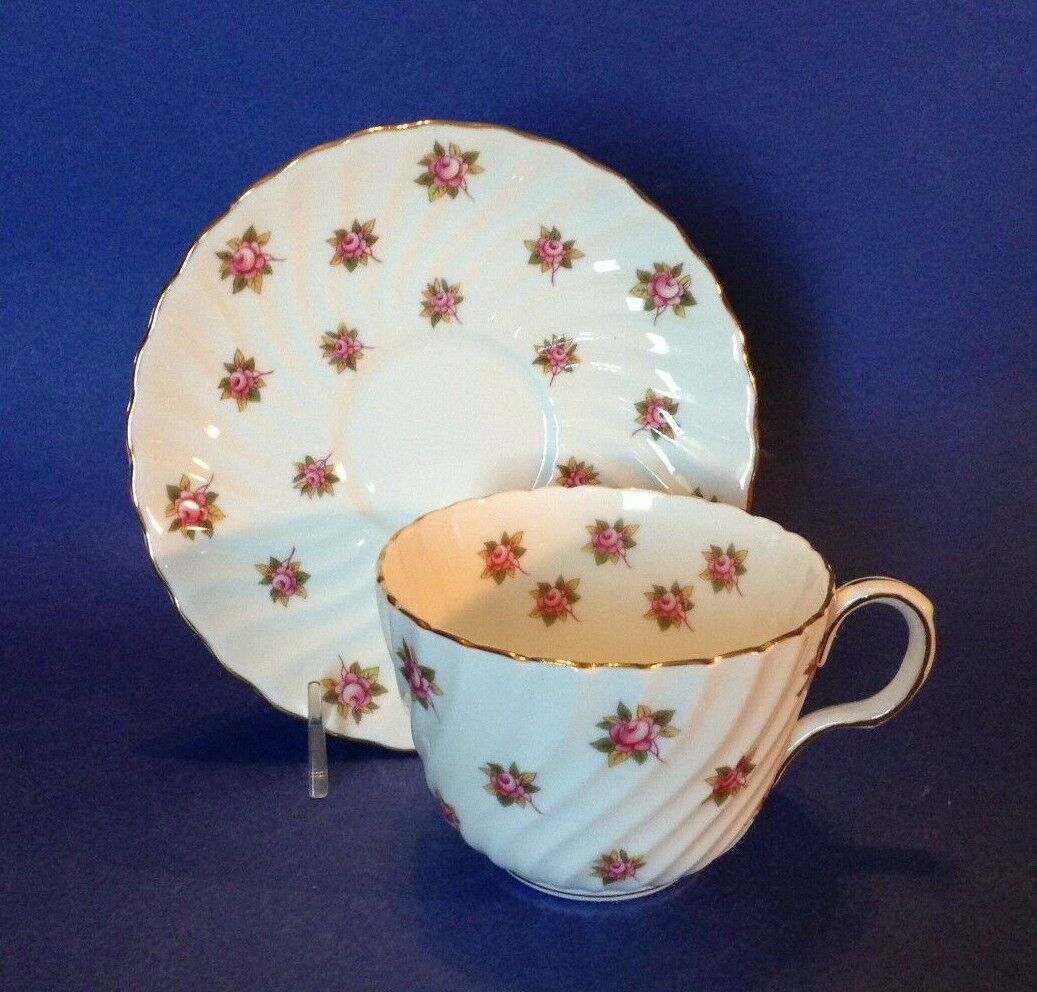Aynsley Pedestal Teacup And Saucer - White With Tiny Pink Chintz Roses - England