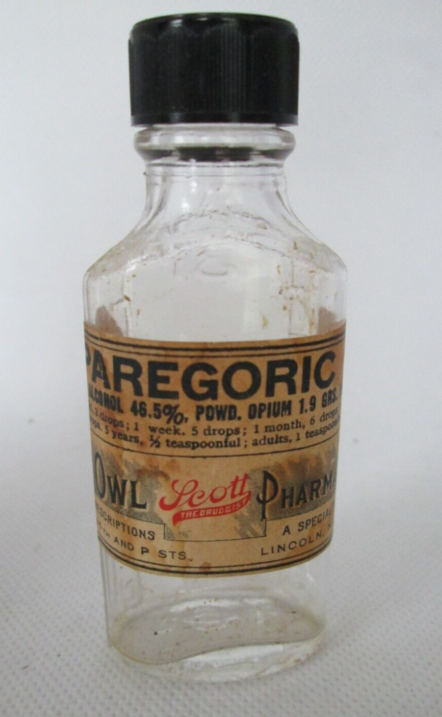 Vintage PAREGORIC Medicine Bottle OWL PHARMACY SCOTT\'S DRUGGIST Lincoln Neb.