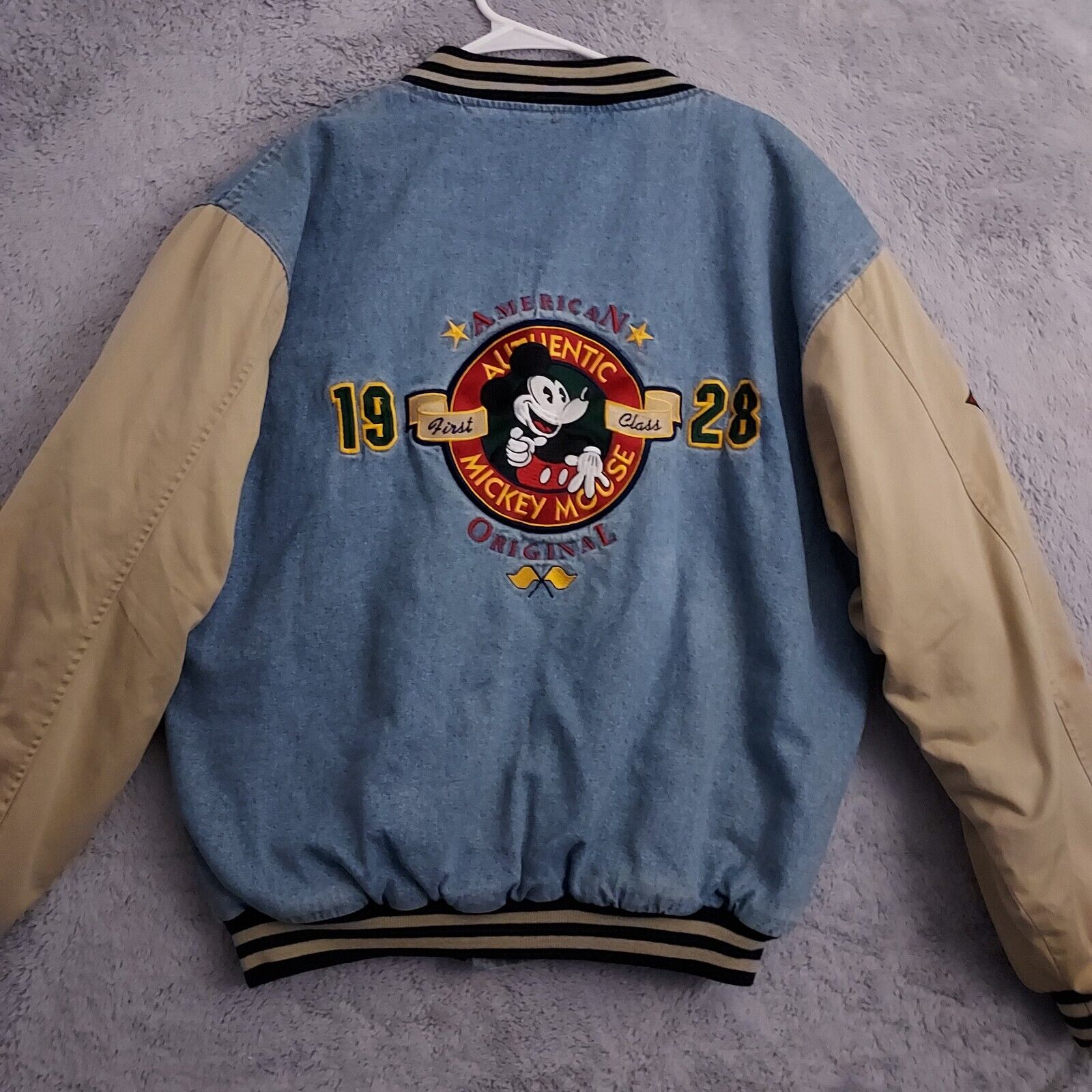 Vintage Disney Jacket Mens Large Mickey Mouse Denim Varsity Bomber Lined Quilted