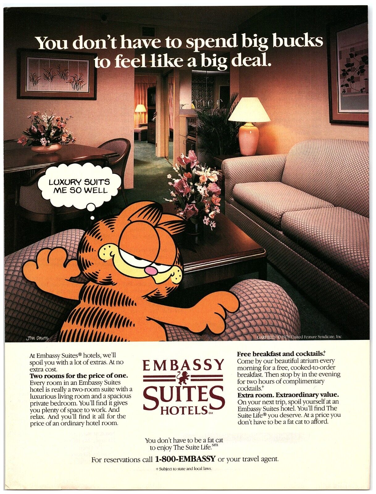 1987 Embassy Suites Hotels Print Ad, GARFIELD Cat Jim Davis Luxury Suits Me Well