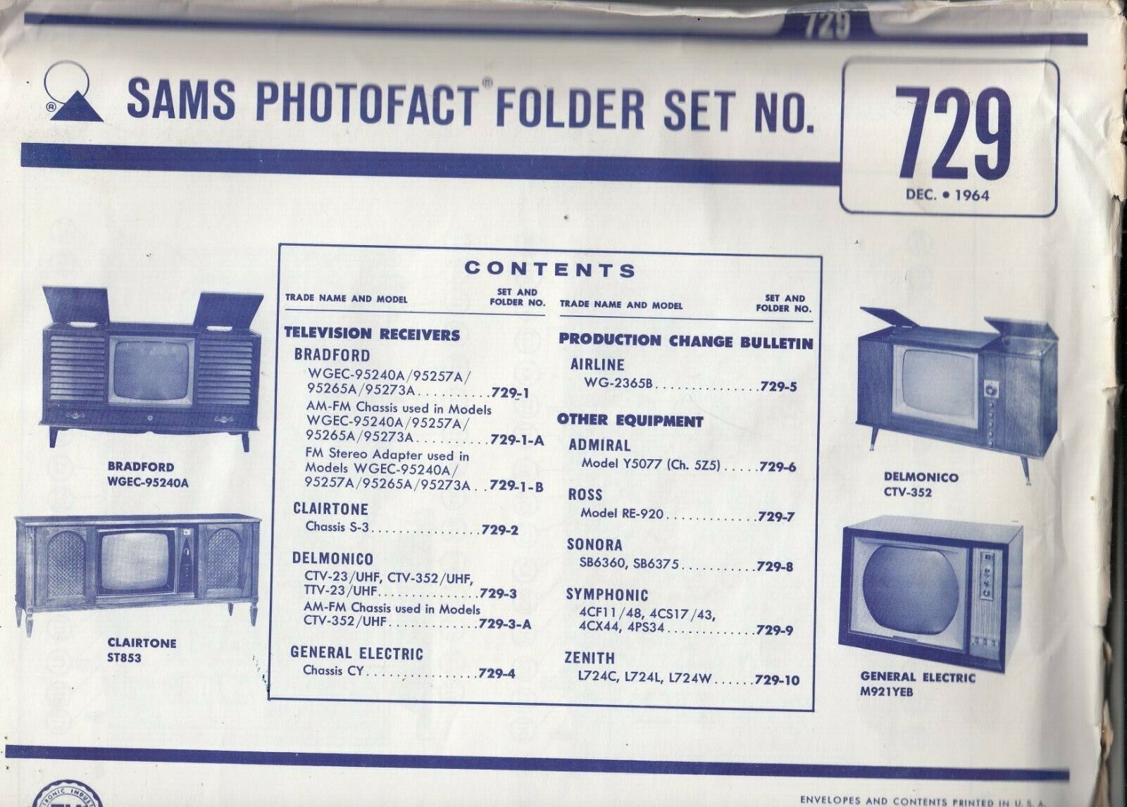 Photofact Television Folder Sams Vintage TV Repair  #729 Dec 1964 GE +