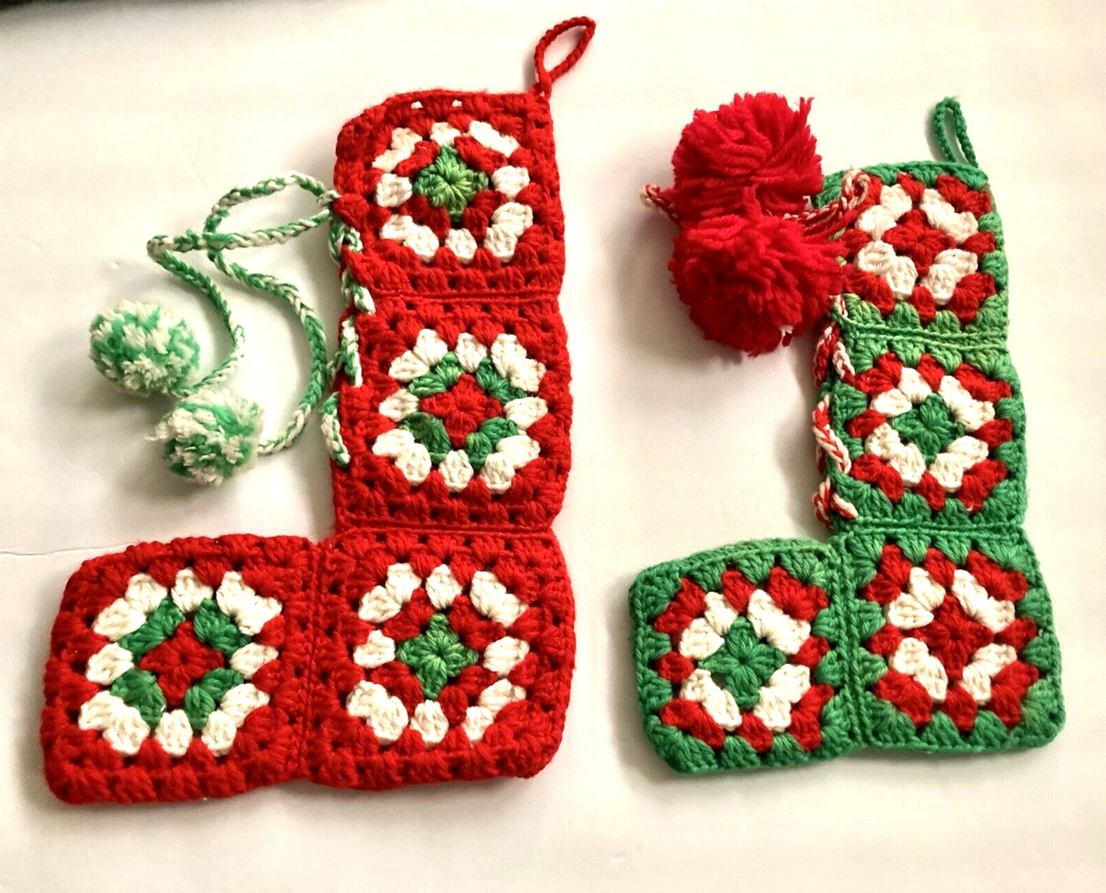 Crochet Granny Square Christmas Stockings Lot of 2 Red Green Handmade Small