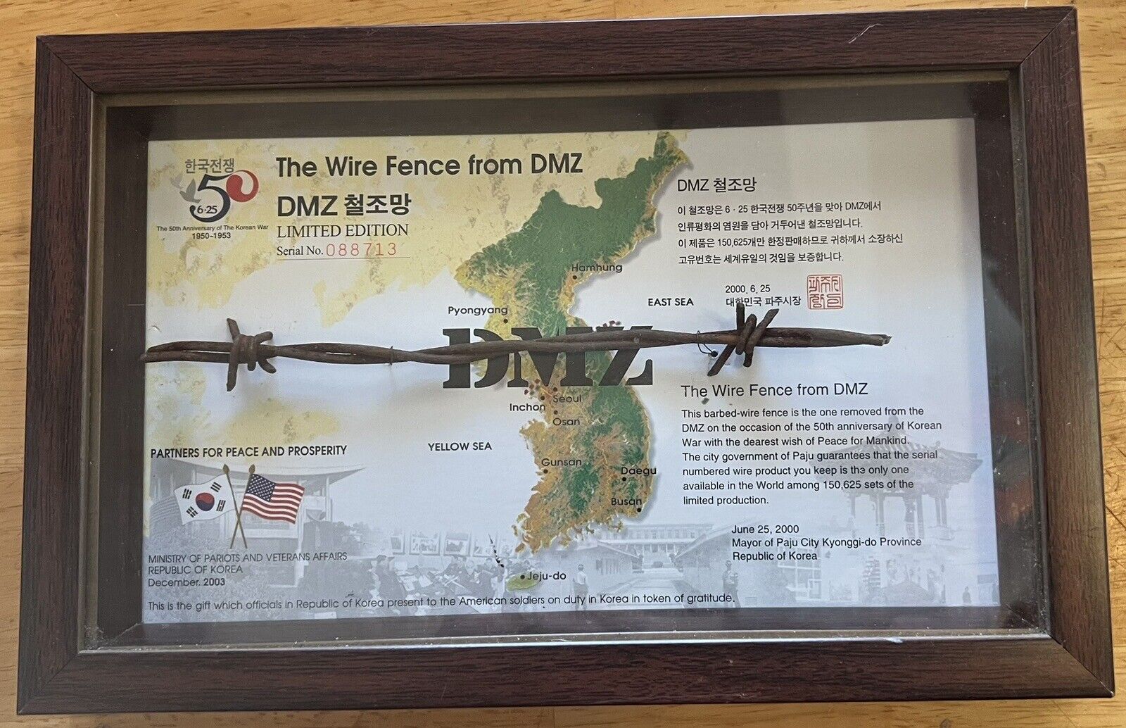 50th Anniversary Korean War Wire Fence DMZ Limited Edition Plaque Framed 2003