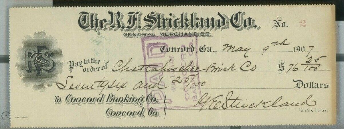 1907 R.F. Strickland Co. General Merchandise Concord Ga Check $76.25 25