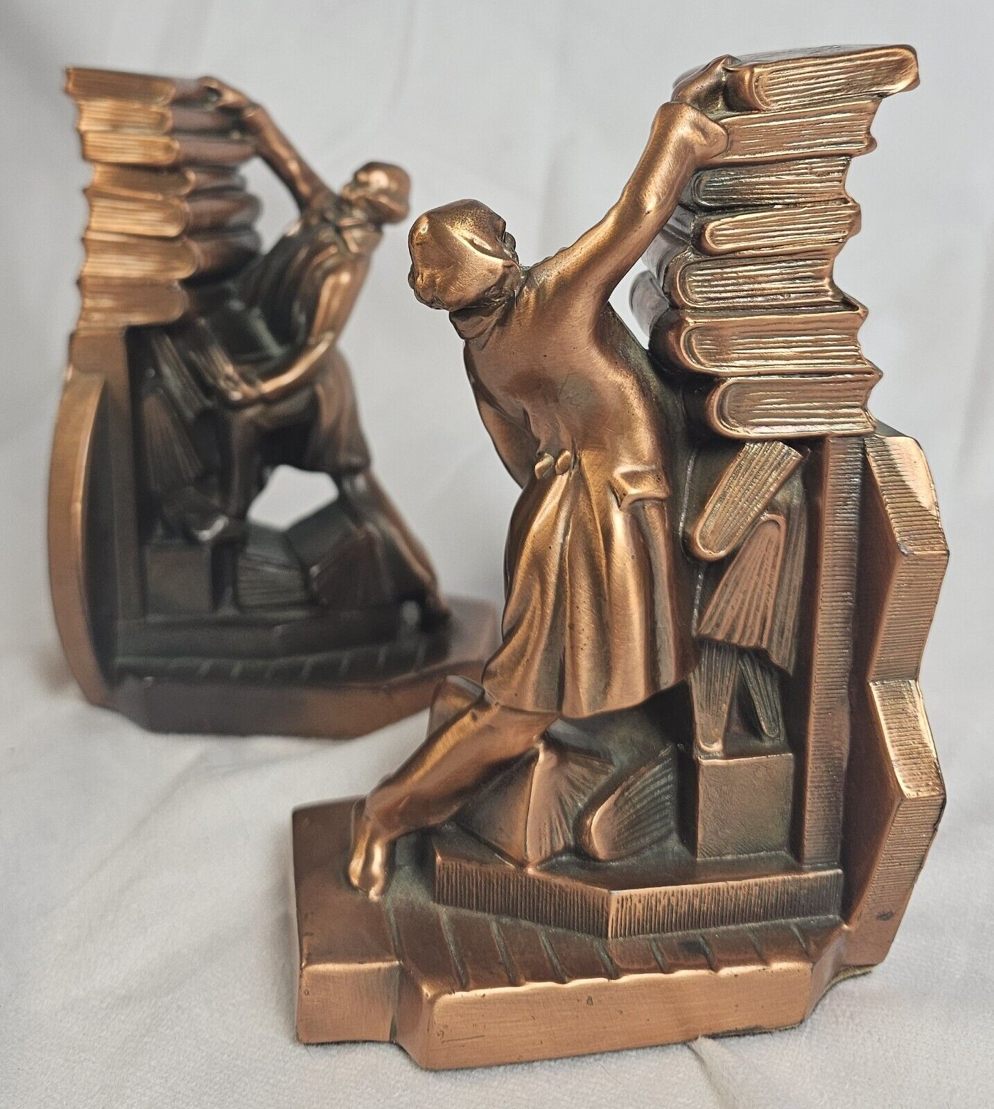 Vintage PM CRAFTSMAN Cast Metal Brass Bookends Colonial Librarian Falling Books