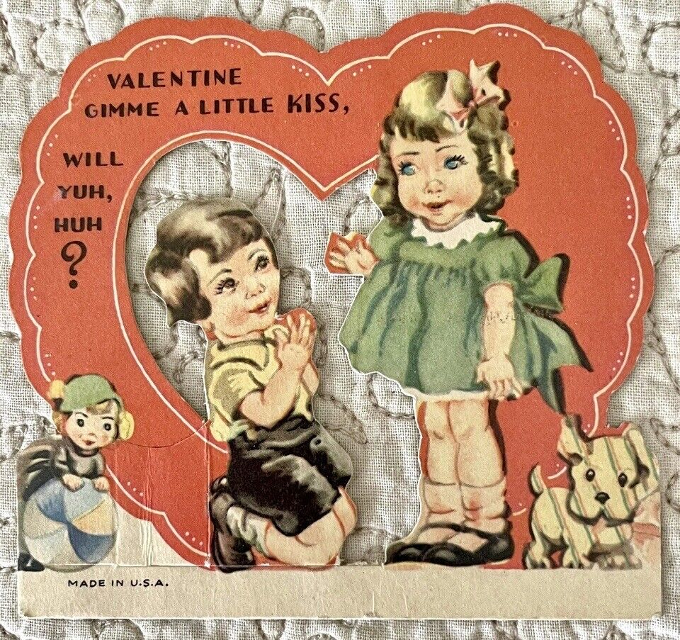 Vintage Valentine Girl Boy Dog Give Me A Kiss Kneel  Greeting Card 1930s 1940s