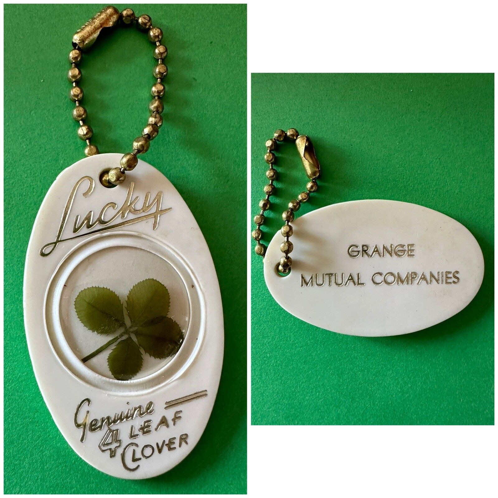 Vintage Lucky Charm Keychain  60s 70s Real 4 Leaf Clover / Grange Insurance