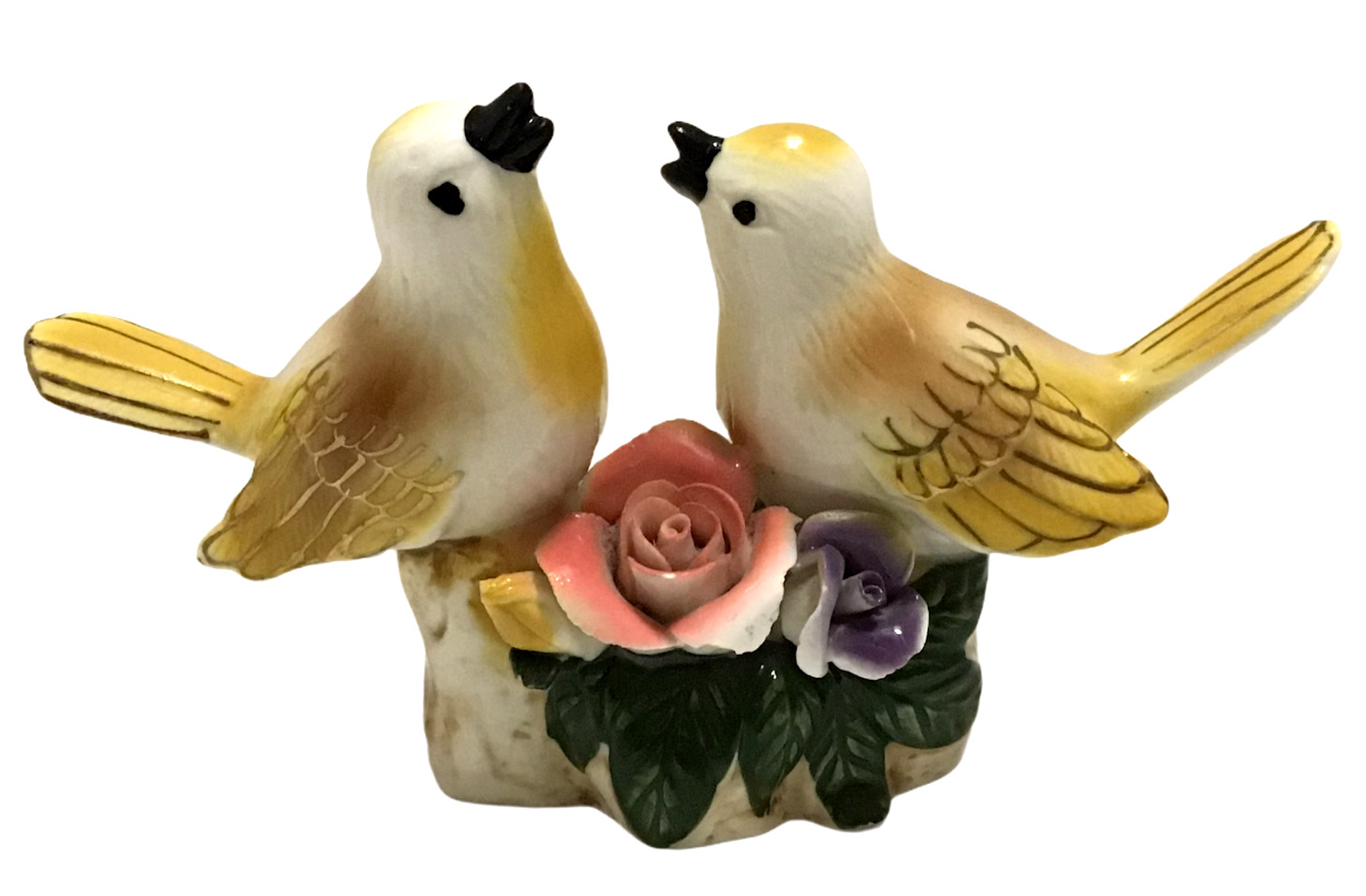 Vintage Yellow Bird Pair Ceramic Porcelain Carved Roses Figure Figurine Birds 