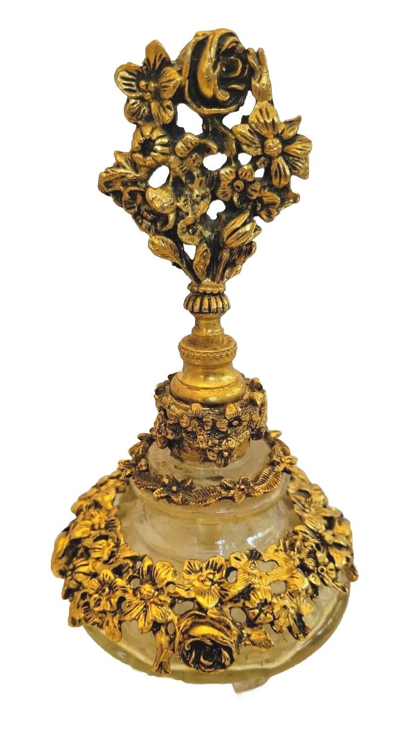 Vintage Matson  Goldtone Ormulo Glass Perfume Bottle Decorative Bronze 