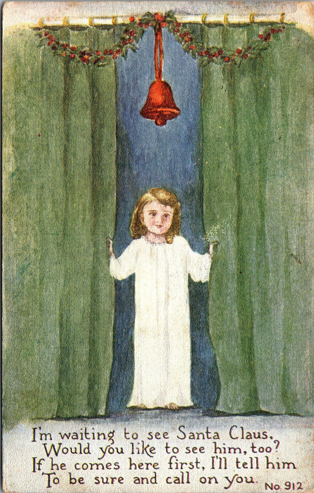 Vtg 1910s Little Girl Waiting on Santa Poem Holly Christmas Greetings Postcard