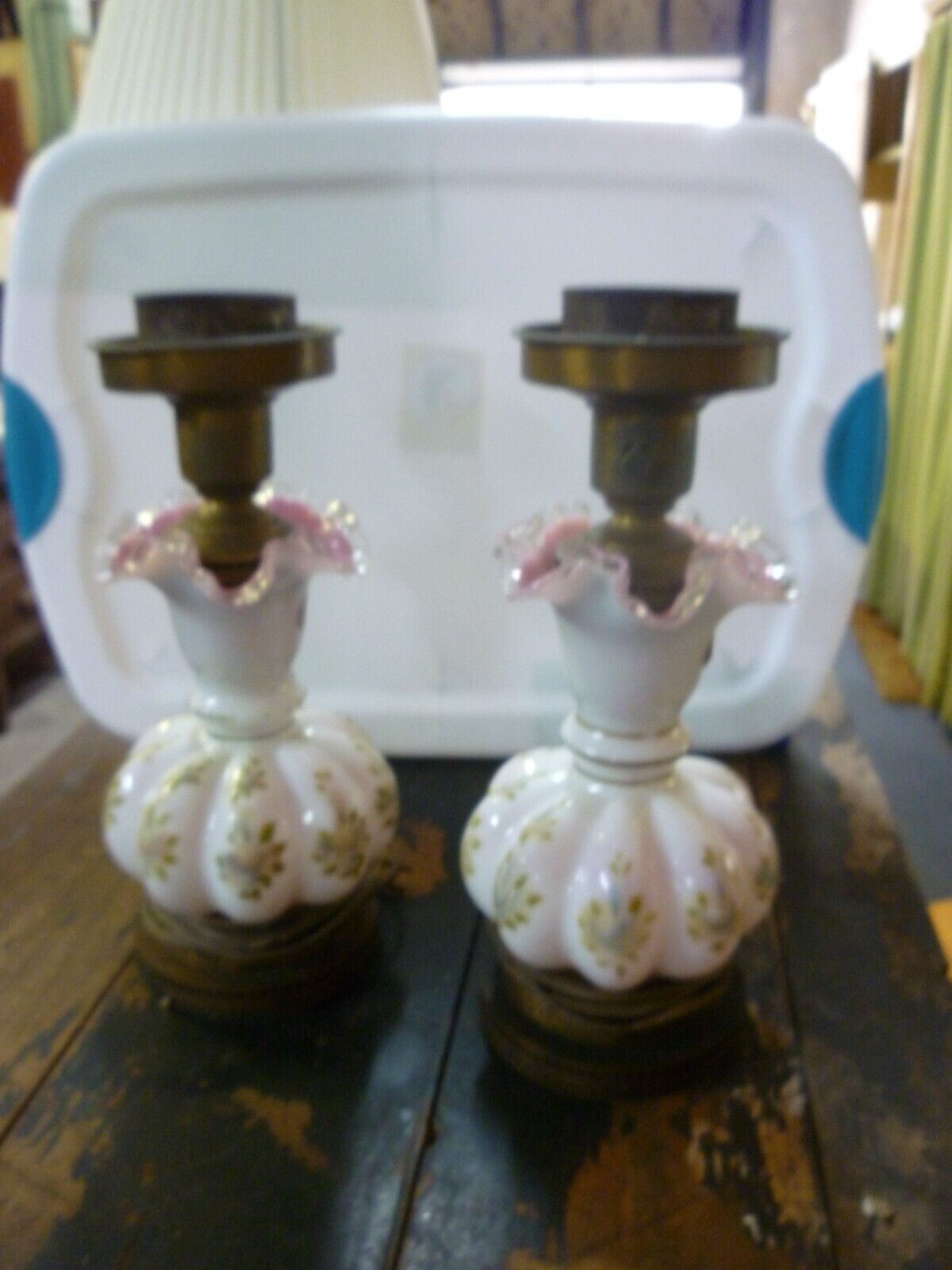 Pair of Antique Hand Painted Glass and Brass Lamps, Victorian, Eppco NY