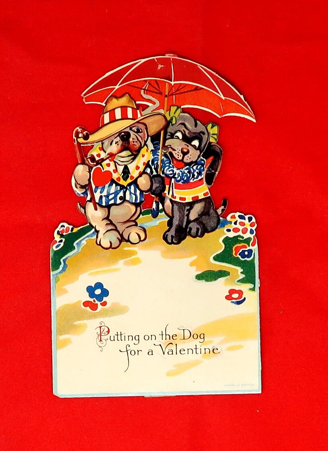 Early 1930's Mechanical Valentine Postcard, Male & Female Dogs Under Umbrella