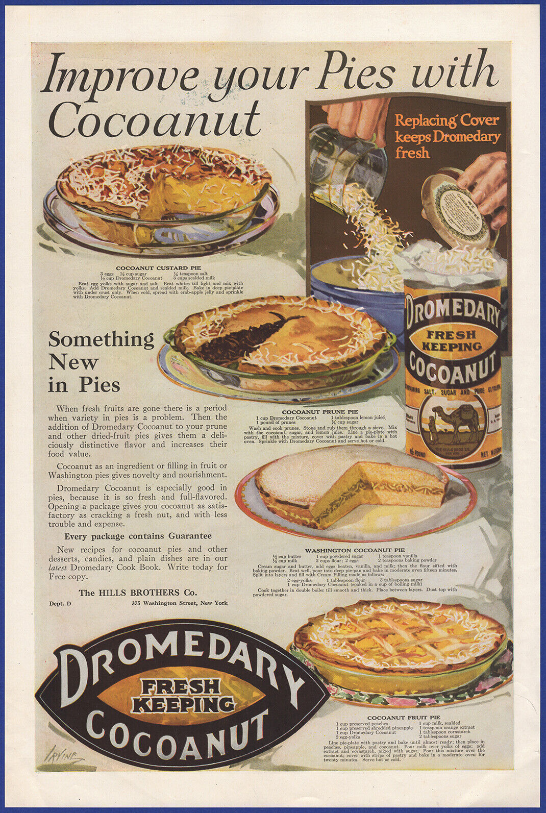 Vintage 1919 DROMEDARY Cocoanut Custard Pie Kitchen Décor Ephemera Print Ad