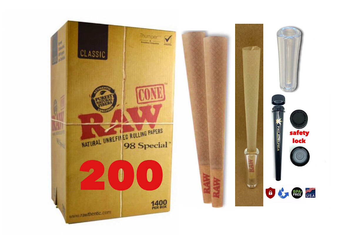 RAW Classic 98 special Size Cone AUTHENTIC(200 pack)+phily tube+glass cone tip