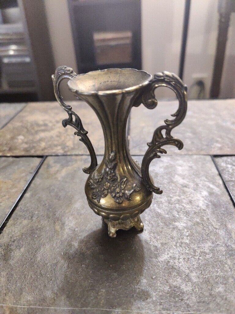 Vintage Ornate Italian Brass Vase 4.75” 2 Handled Marked Made In Italy Footed