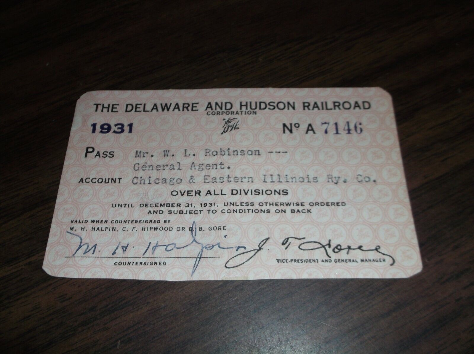 1931 DELAWARE & HUDSON D&H EMPLOYEE PASS #7146