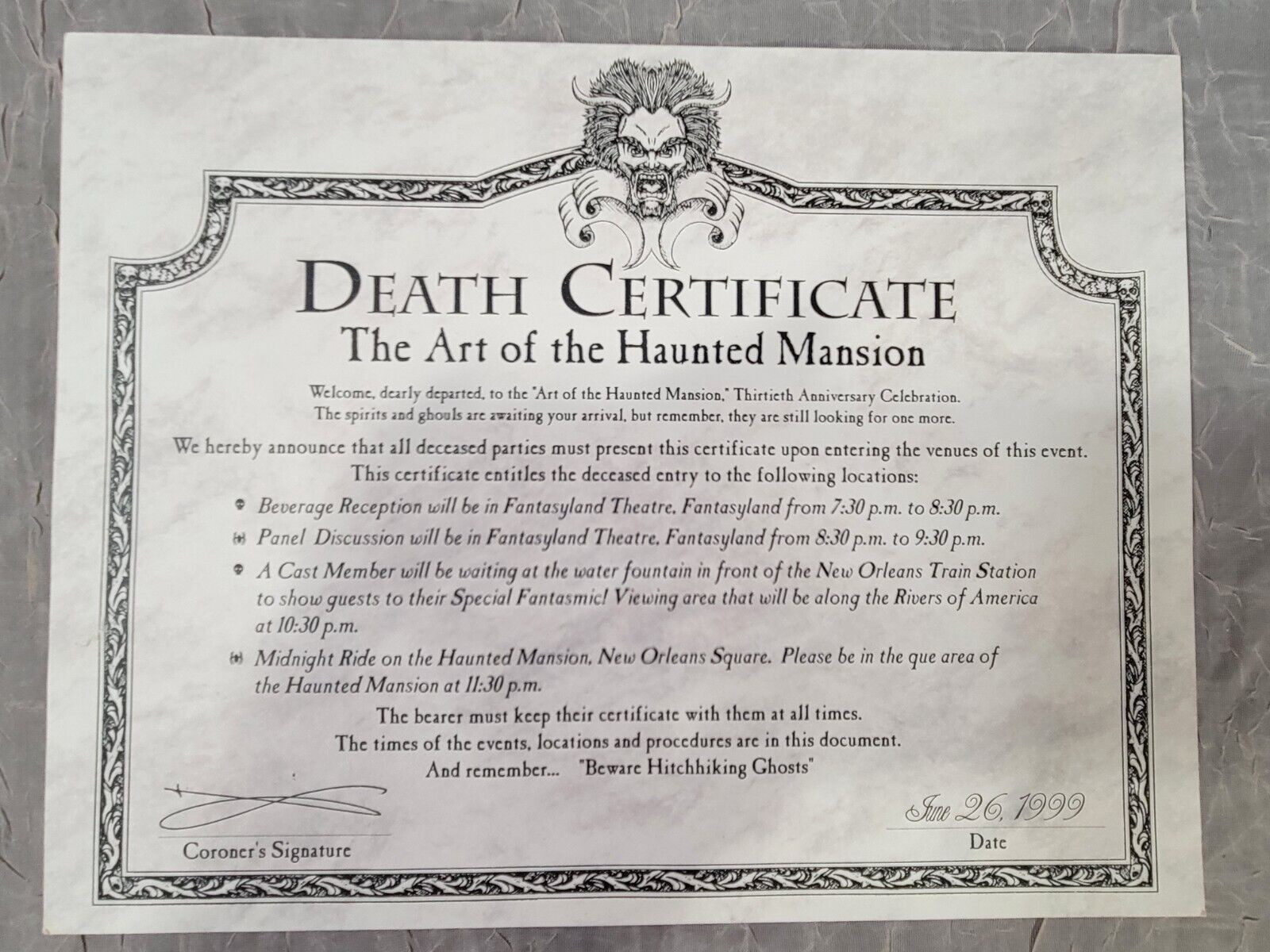 Disneyland's Haunted Mansion Death Certificate 30th Anniversary Entry Pass 1999