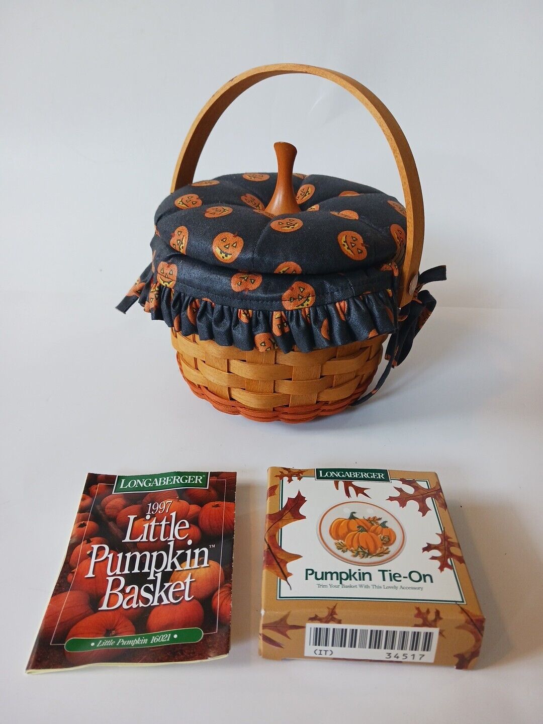 Longaberger 1997 Little Pumpkin Basket, Protector Pumpkin Liner, With Lid Tie On