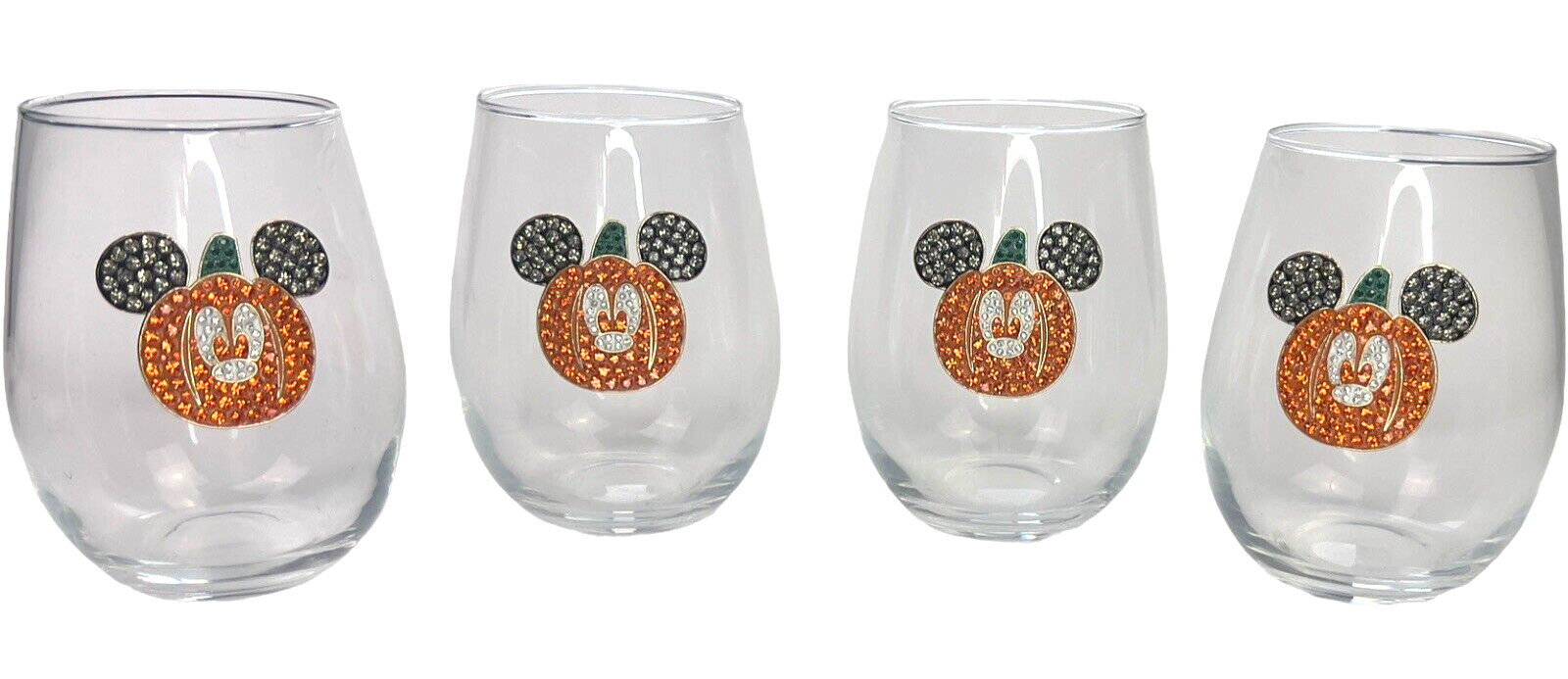 SET of 4 Disney Mickey Mouse Pumpkin Stemless Wine Glass Rhinestone Sparkle NEW