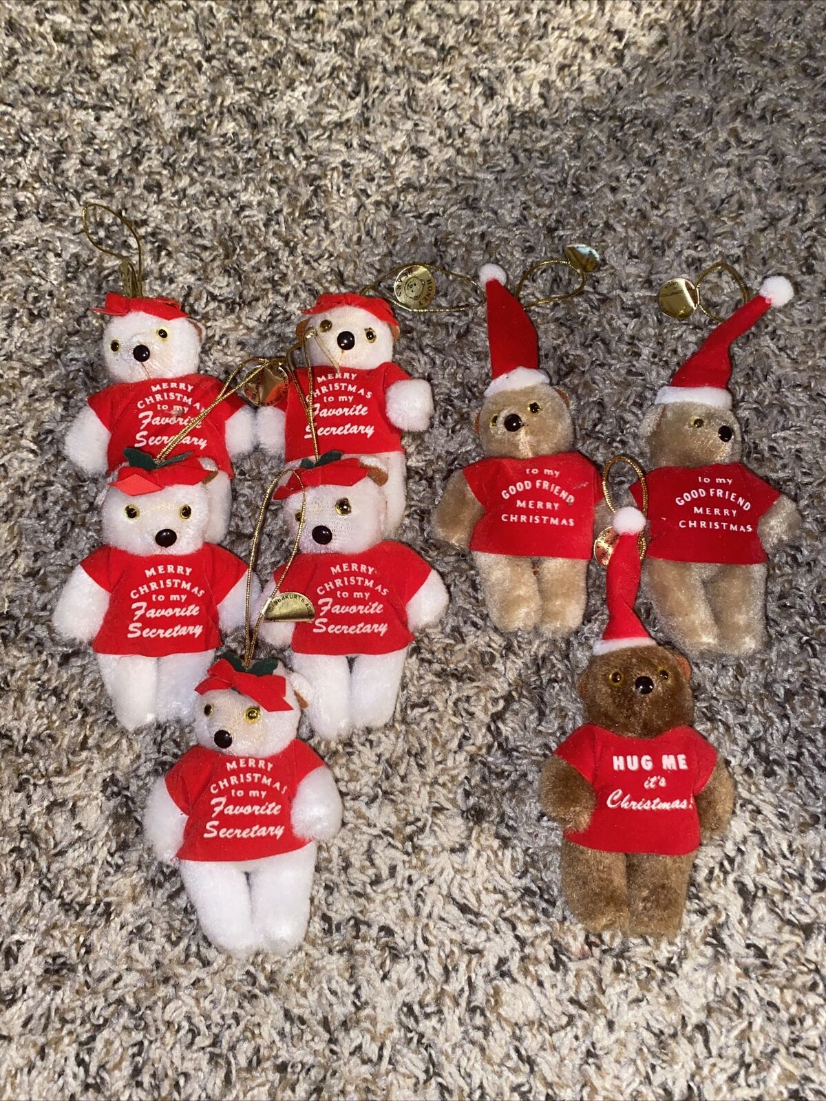 New NOS Lot Of  8 Vintage Plush Bear Ornament Merry Christmas Honey Bear 4 Inch