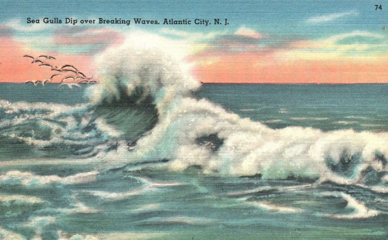 Postcard NJ Atlantic City Seagulls Dip over Breaking Waves 1960 Vintage PC H9903