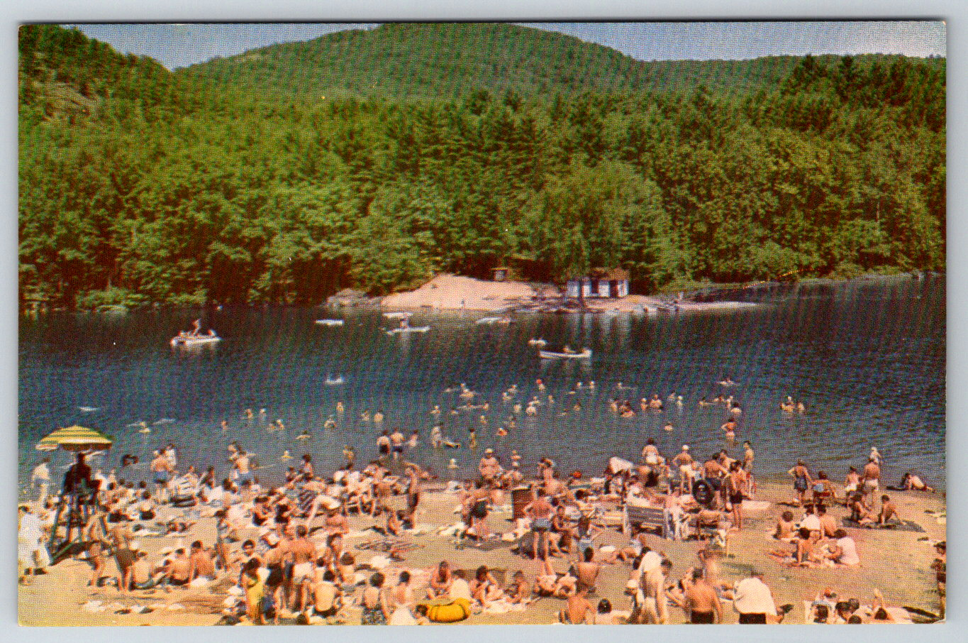 c1960s Lake Luzerne Beach New York Adirondack Swimming Crowd  Vintage Postcard