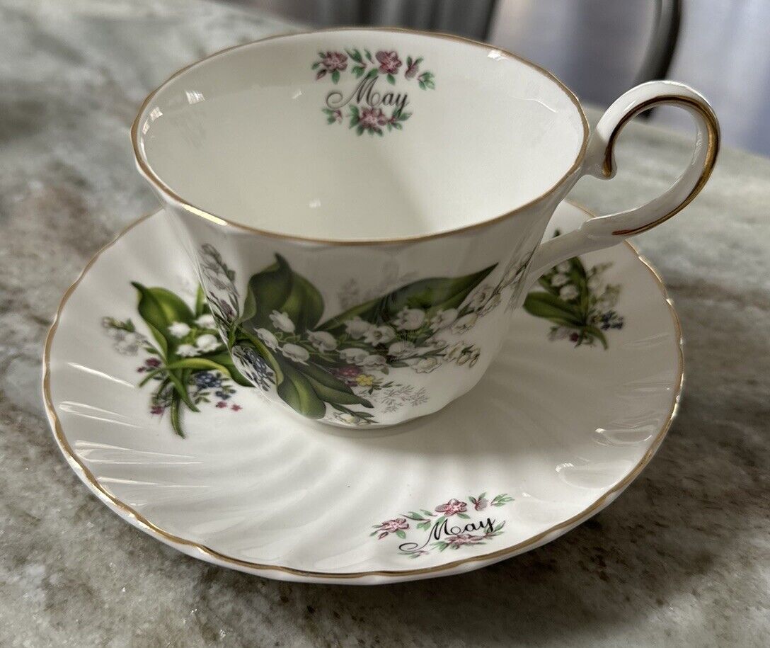 Staffordshire Bone China English Teacup & Saucer May Birthday Lily Of The Valley