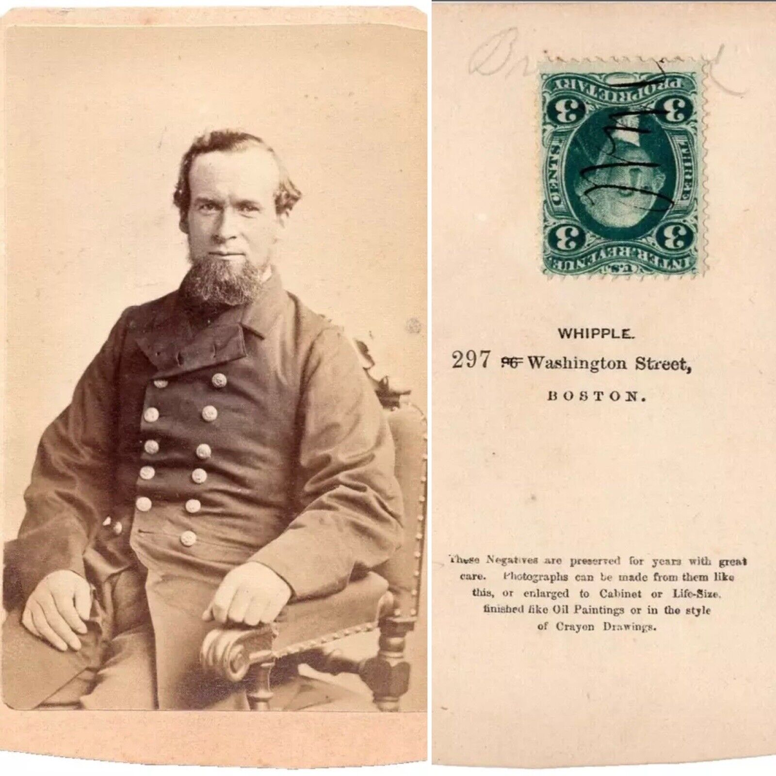 1860s BOSTON Civil War Man ID Military Uniform Goatee Revenue Stamp CDV WHIPPLE