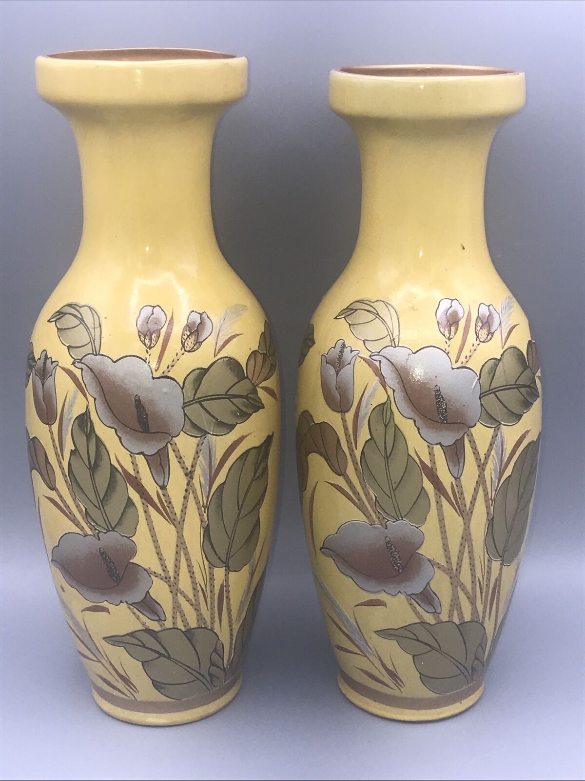 Vintage Chinese Yellow Porcelain Calla Lily Floral Motif Vase - A Pair