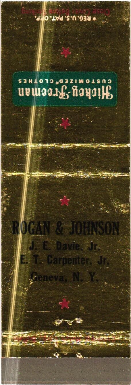 Rogan & Johnson, Geneva, New York Hickey-Freeman Clothes Vintage Matchbook Cover