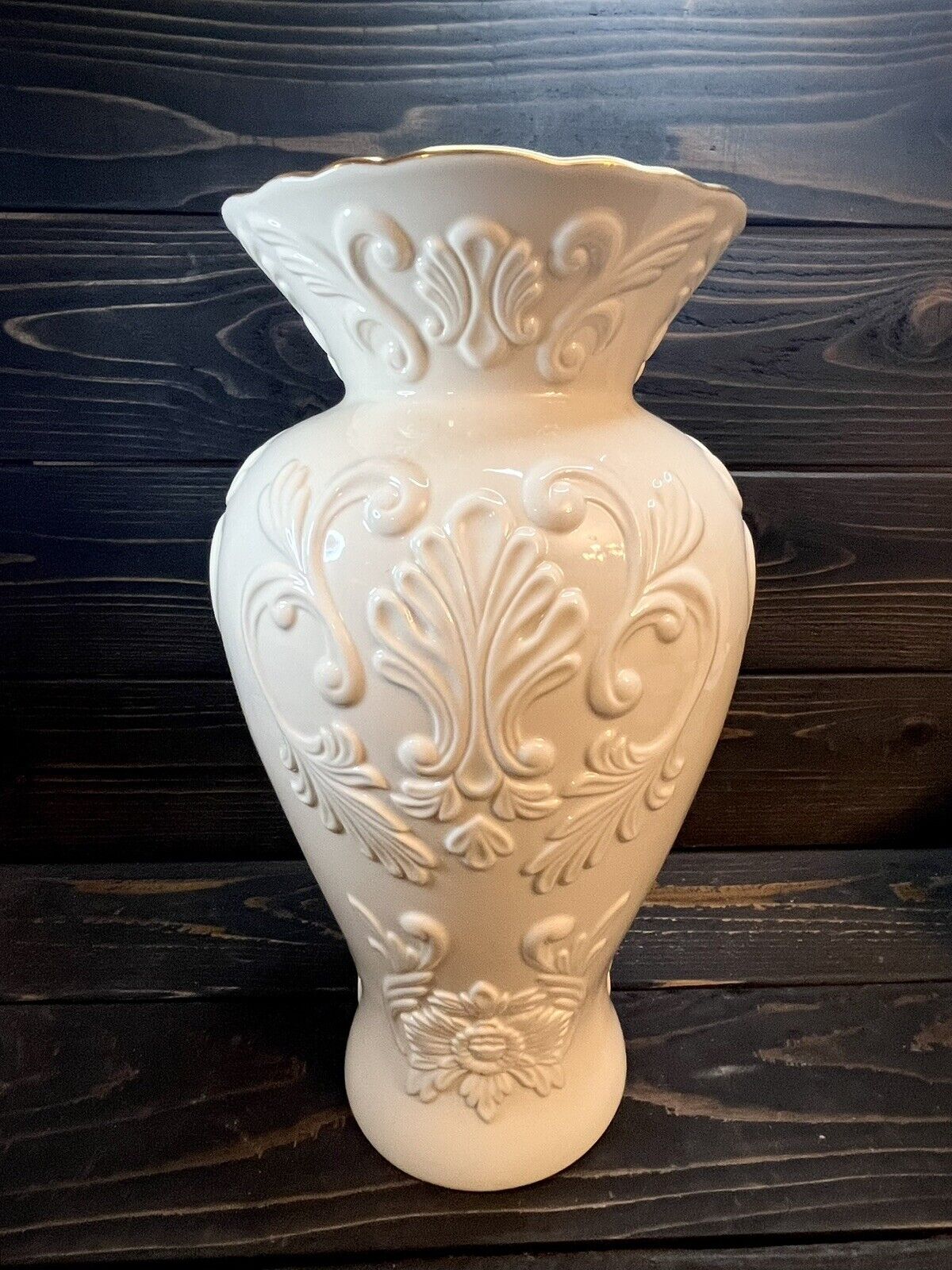 Lenox Georgian Large Ivory Vase Embossed Scroll Design Gold Trim 15 3/4” Tall