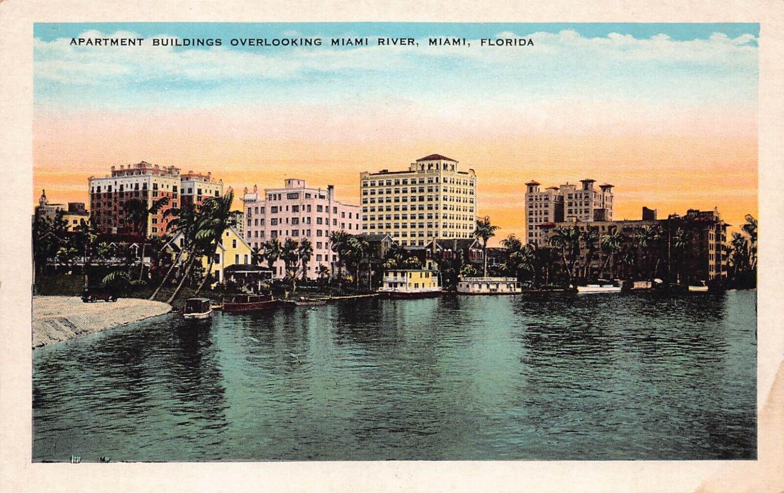 Vintage FL Florida Postcard 1920s Miami River Apartments Luxury Yachts Boats