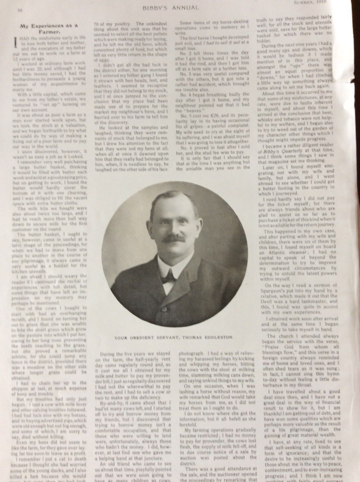 N2a Ephemera  1918 Folded Article Life As A Farmer Thomas Eddleston