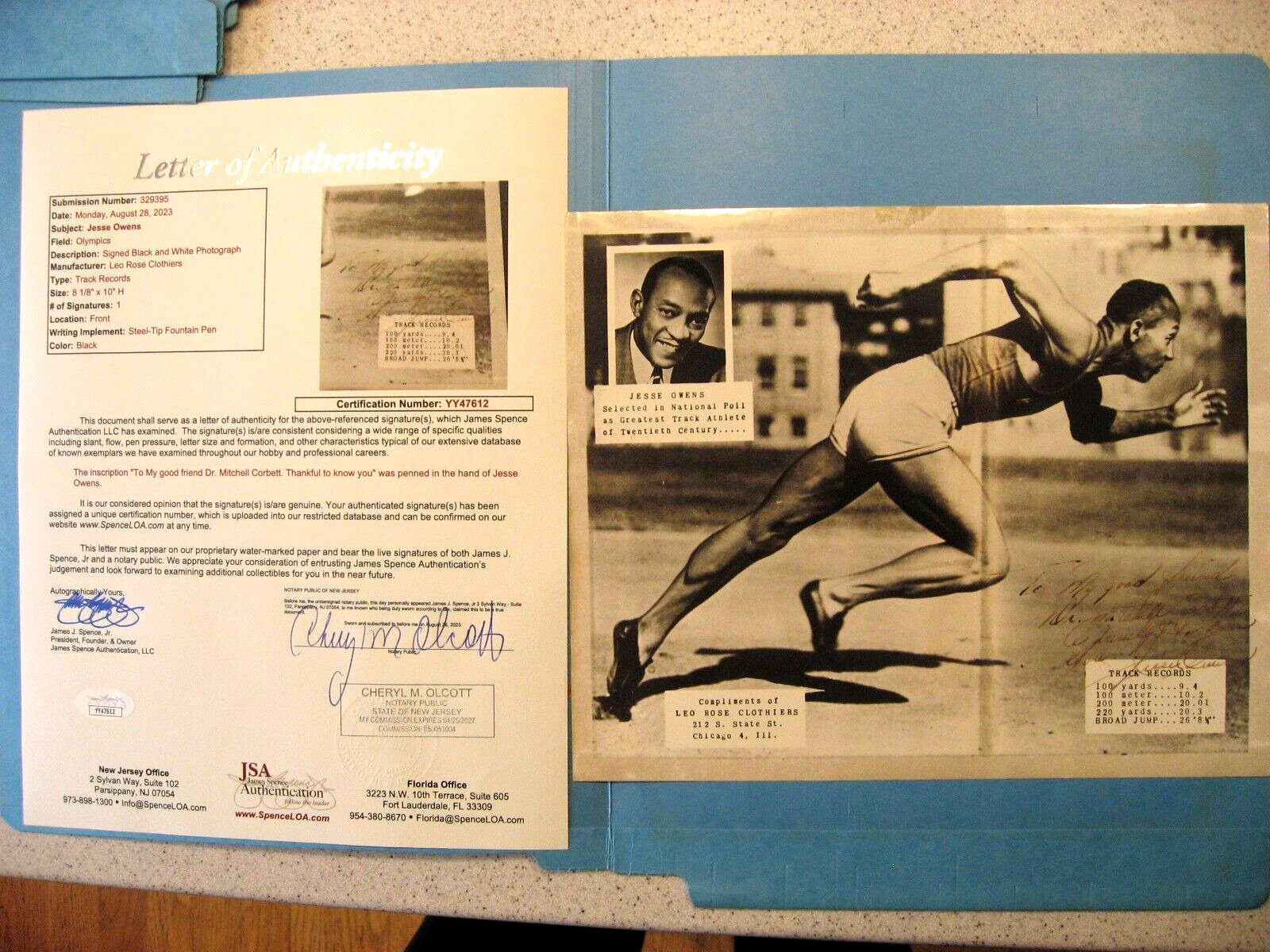 Jesse Owens Autographed B&W Photo with Message JSA Authenticated Track Records