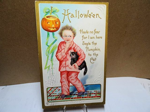 c.1911 Stecher Halloween Postcard Jack o Lantern Black Cat Embossed 226 E