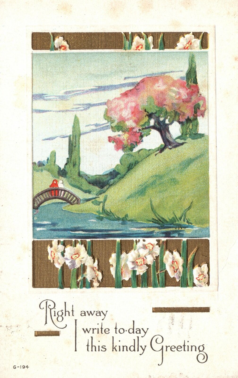 Vintage Postcard 1920\'s Kindly Greetings Landscape White Flowers Message