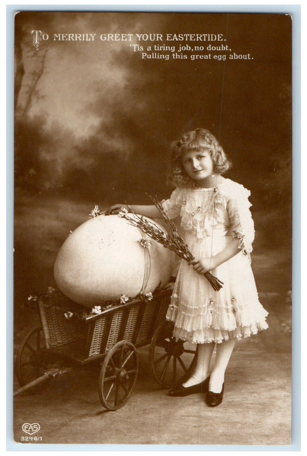1914 Easter Greeting Pretty Girl Big Egg In Wagon RPPC Photo Antique Postcard