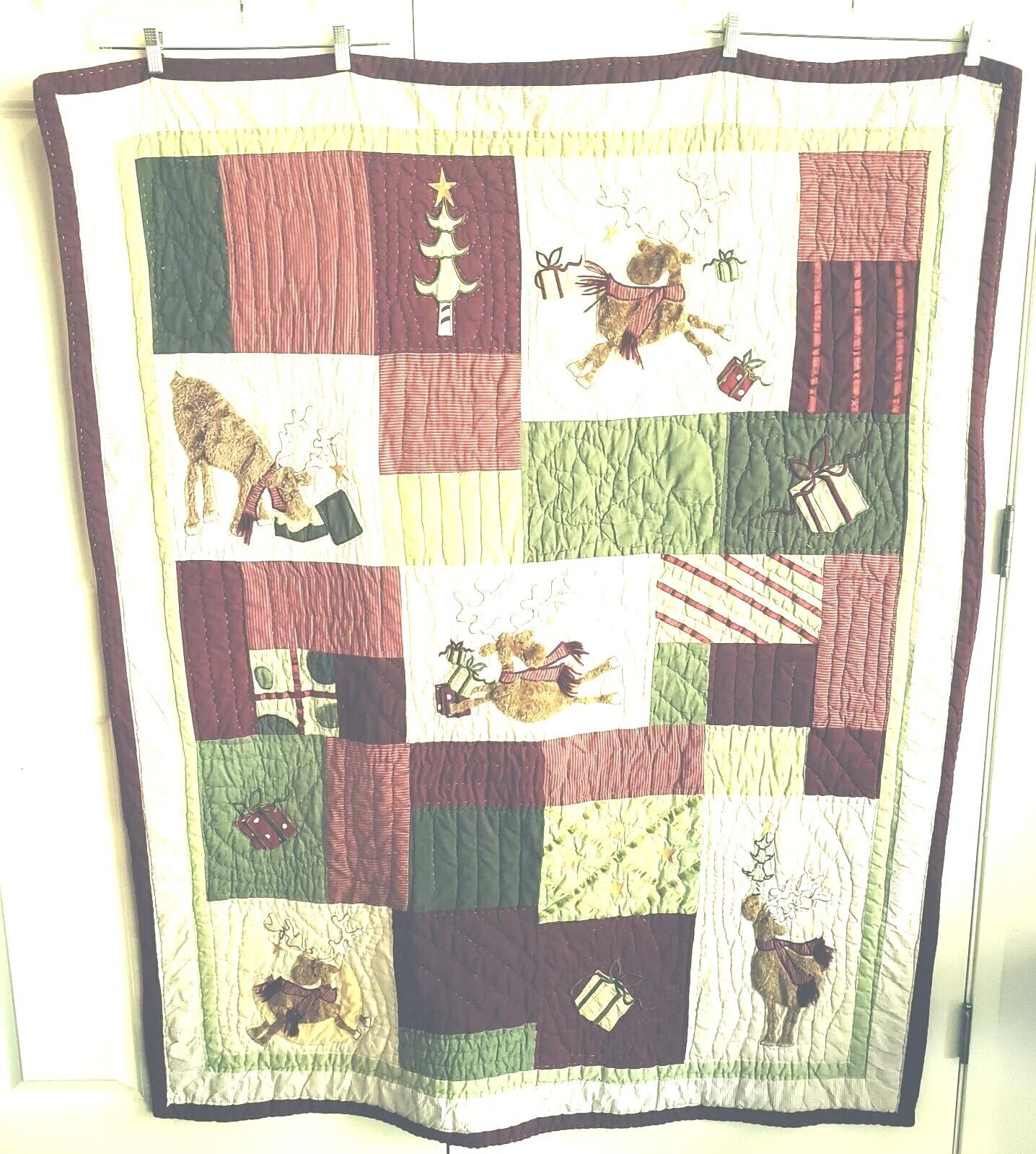 Vintage Handmade Hand Stitched Christmas Quilt 56 X 46 Whimsical Furry Reindeer 