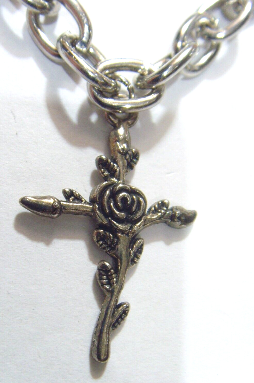 vintage silver tone metal rose cross religious pendant necklace 53002