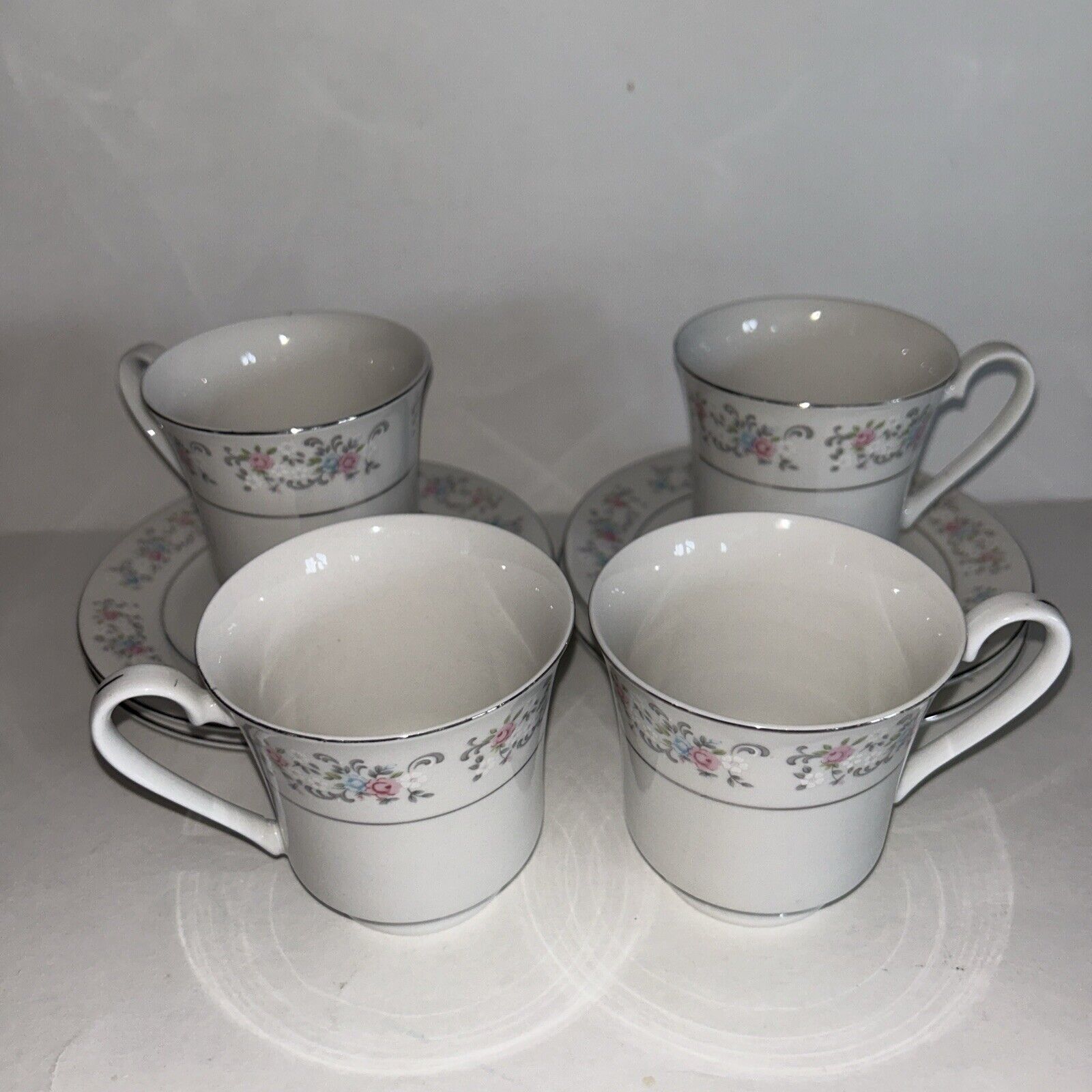 Four Sets Dynasty White Floral Silver Trim Fine China Mug/Saucer (11049)