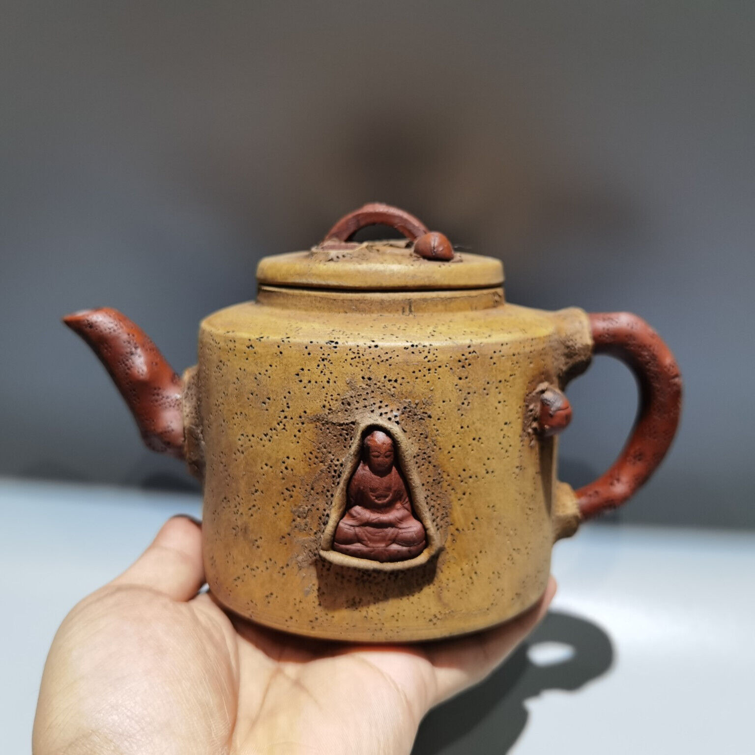 7.5″ Yixing Zisha yellow Clay carved monk statue Kung Fu tea Exquisite Teapot