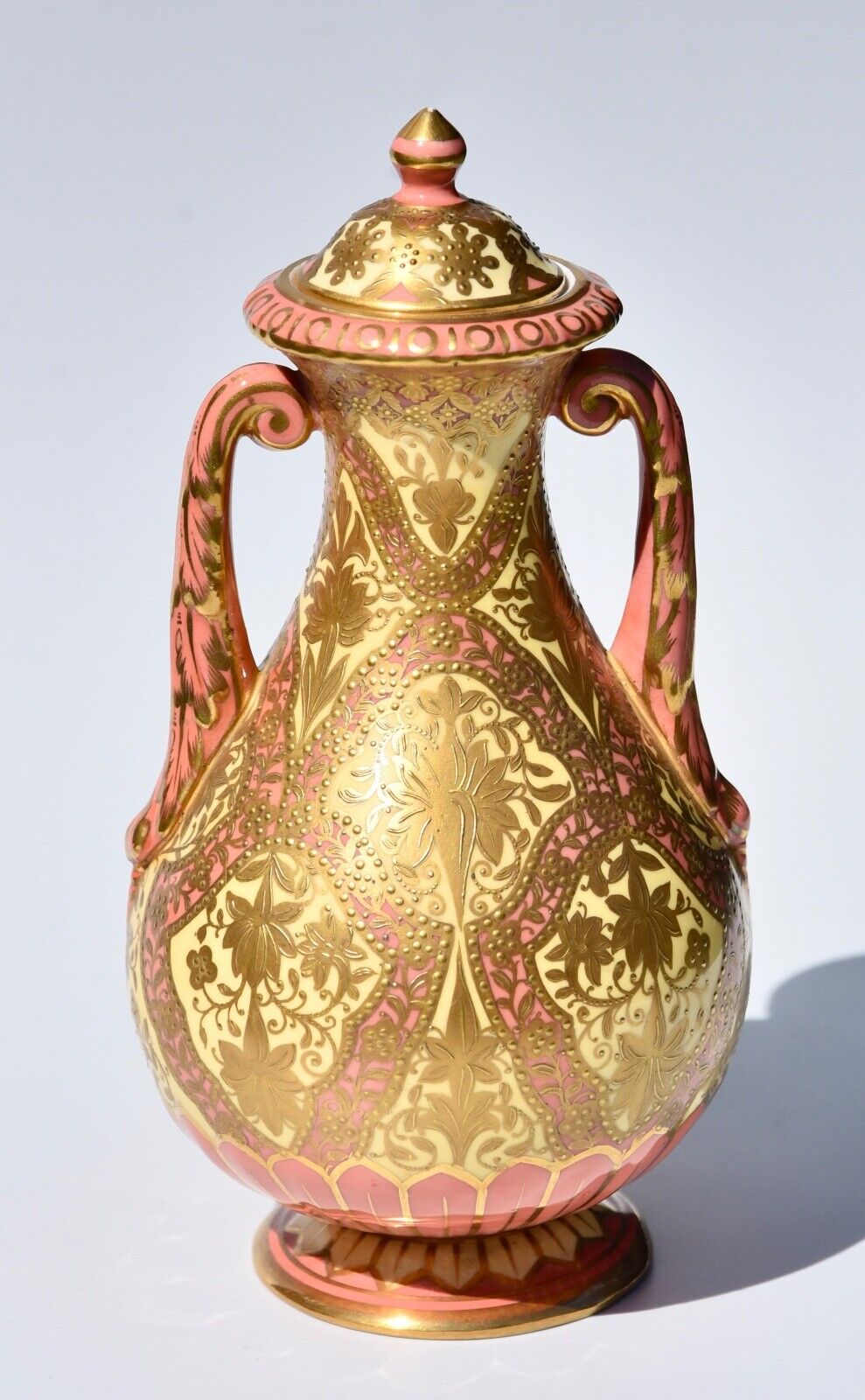 1877-1890 Sumptuous Royal Crown Derby Twin Handle Vase & Cover - Raised Gilt