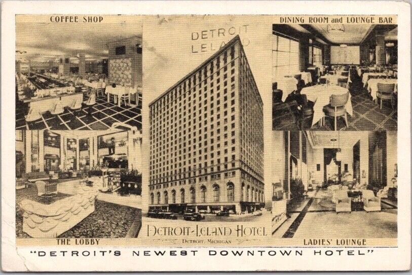 Vintage 1940s DETROIT Michigan Postcard DETROIT-LELAND HOTEL Lumitone / Unused