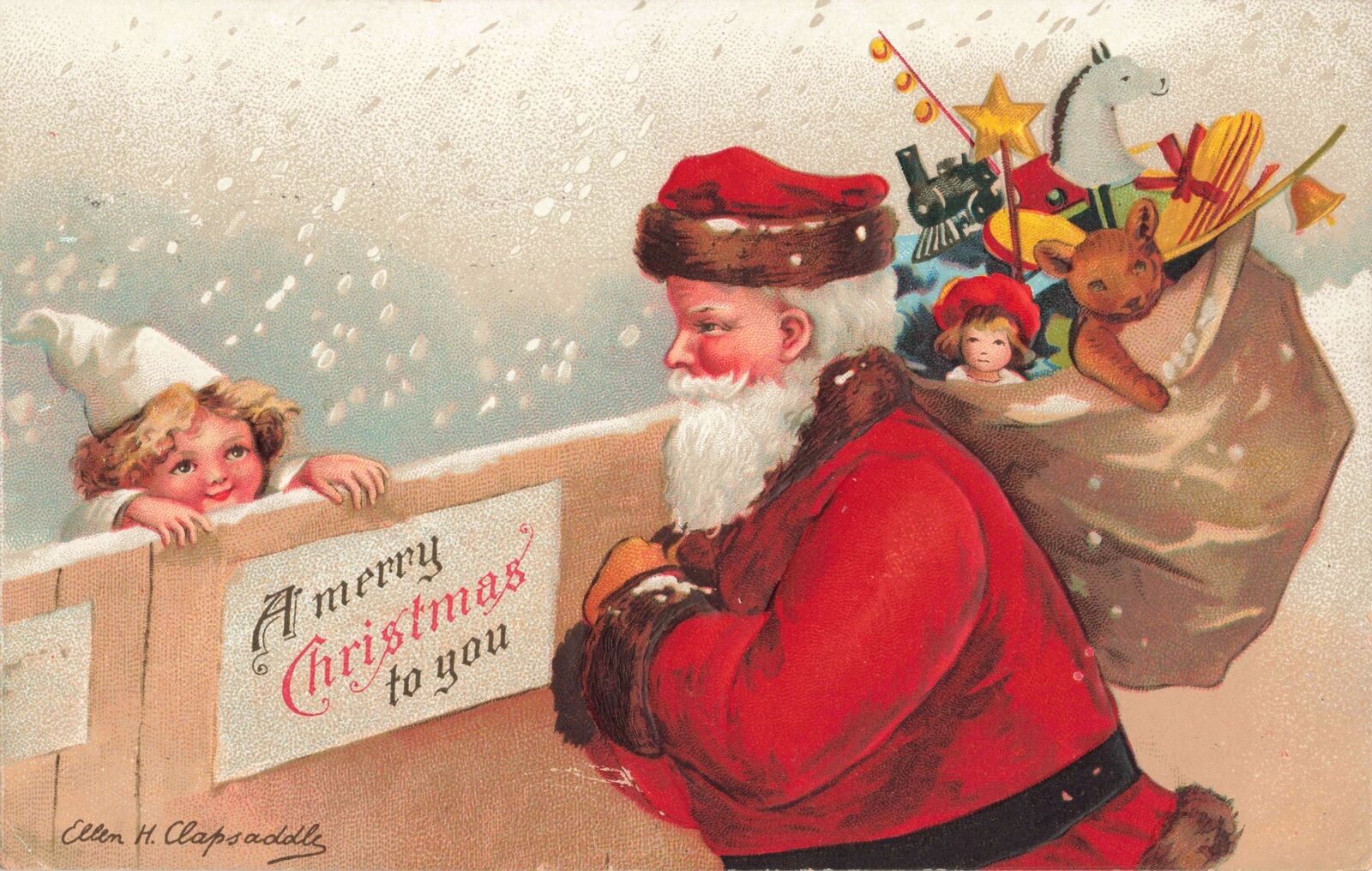 CLAPSADDLE CHRISTMAS SANTA SERIES Beautiful Antique Artist Signed Postcard 2