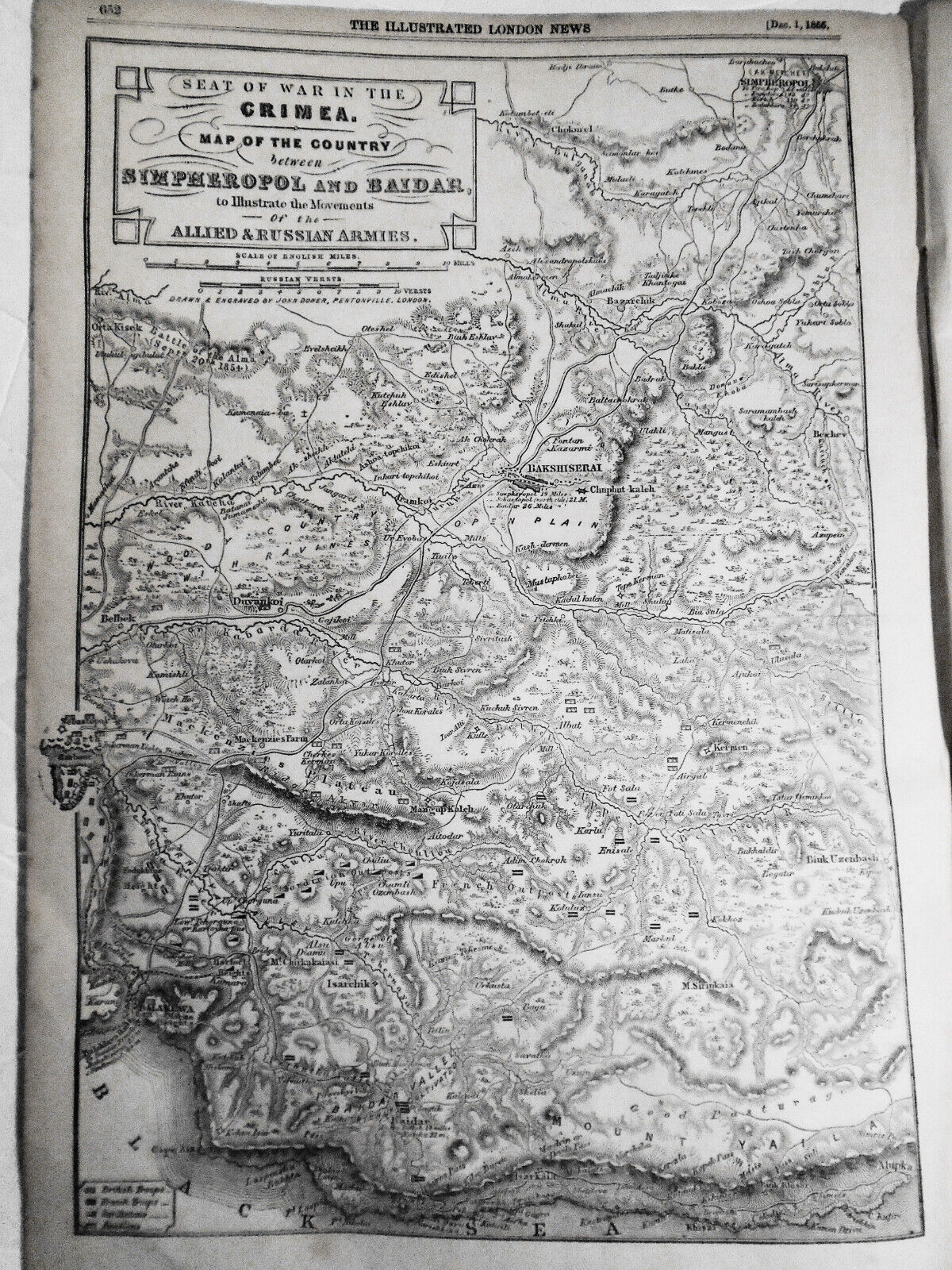 Illustrated London News December 1, 1855 original. Crimea War Map; Sardinia, etc