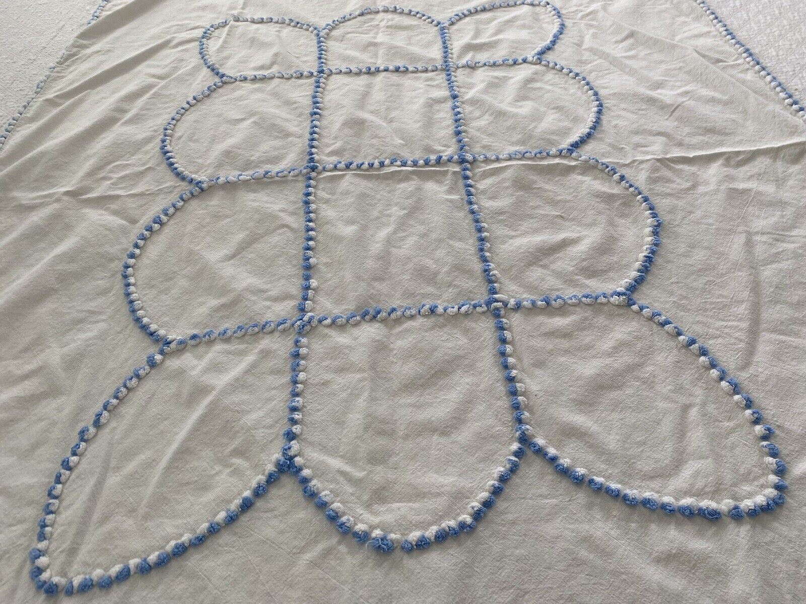 Vintage Cotton Baby Crib Blanket W/ Blue Chenille PomPoms 60”x39” Summer Weight